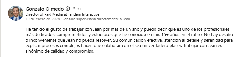 Recomendación de LinkedIn de Gonzalo Olmedo, Director of Paid Media at Tandem Interactive
